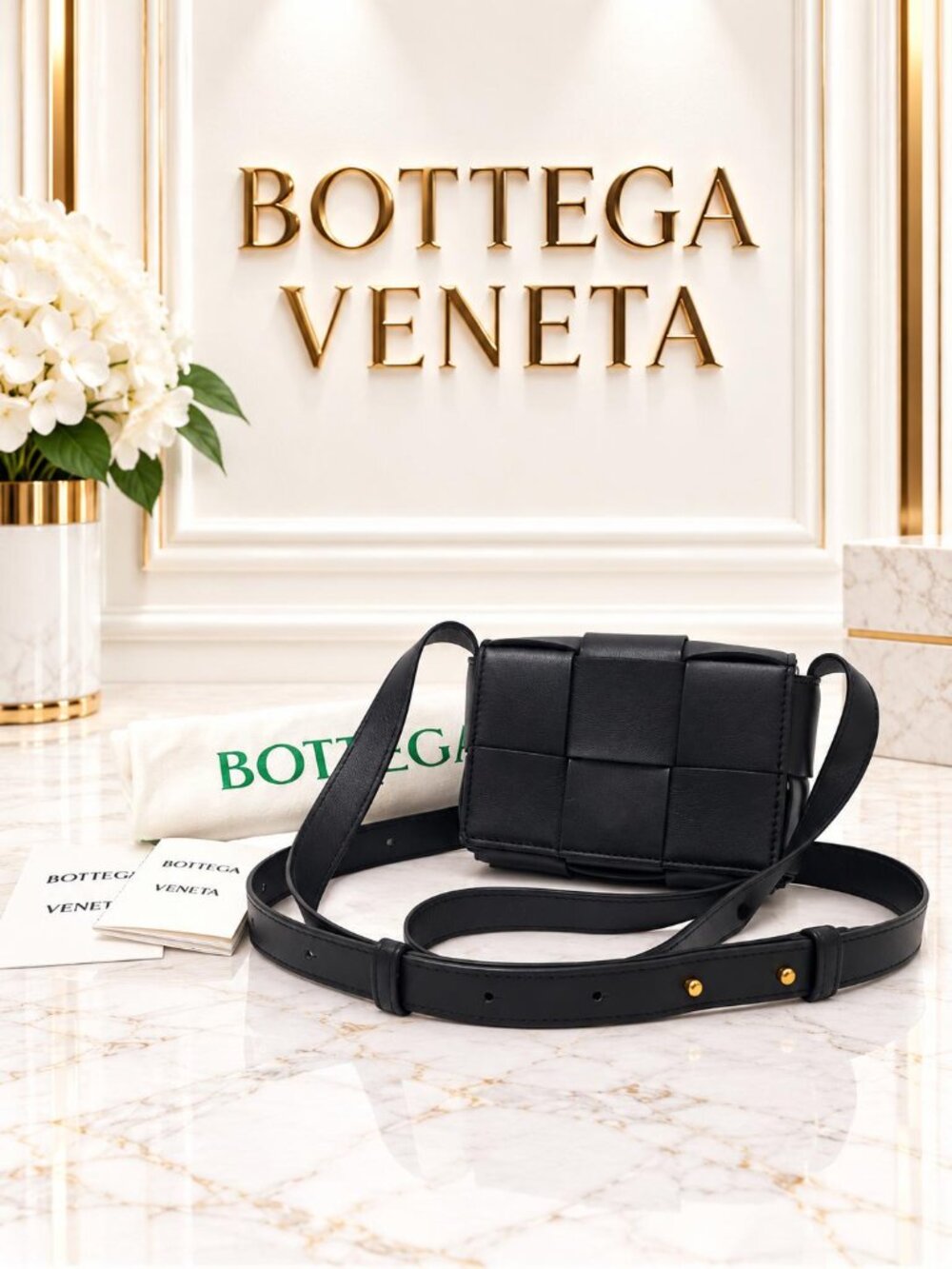 Authentic Bottega Veneta Cassette Black Padded Leather Crossbody Belt Bag Small